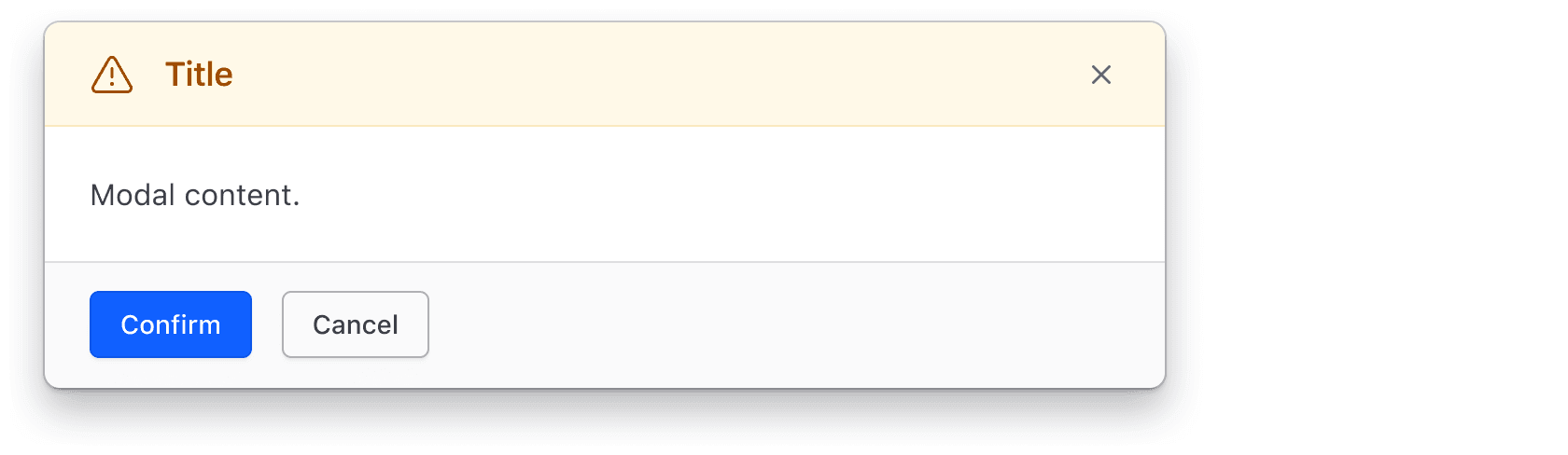 A warning modal, the heading is dark orange with a light orange background and the primary button in the footer is the standard blue.